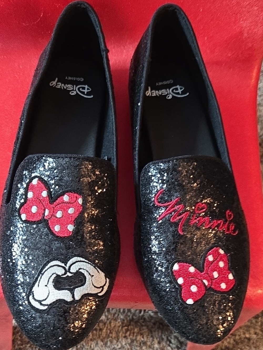 Disney Black Sequin Minnie Mouse Slip-On Loafers with Red Polka Dot Bows